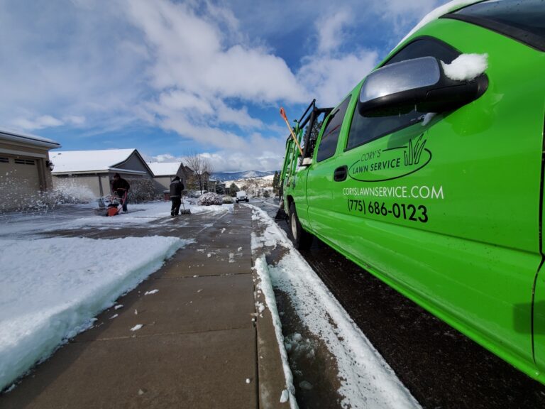 Cleared sidewalk and driveway next to a Cory's Lawn Service truck