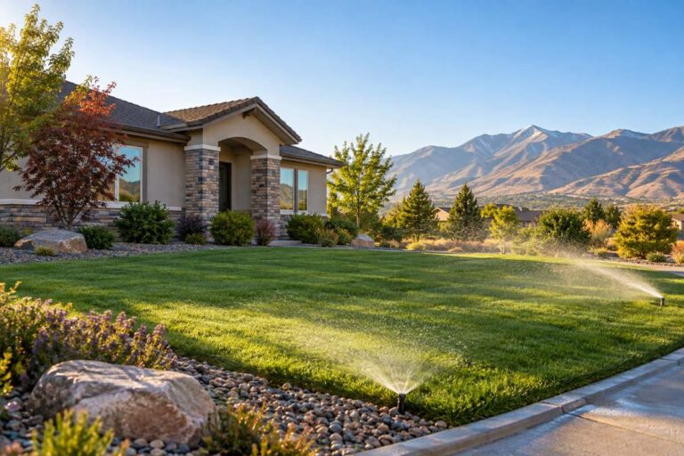 Eco-friendly lawn care in Reno: drought-tolerant lawn with low sprinklers, rock beds and native shrubs below the mountains