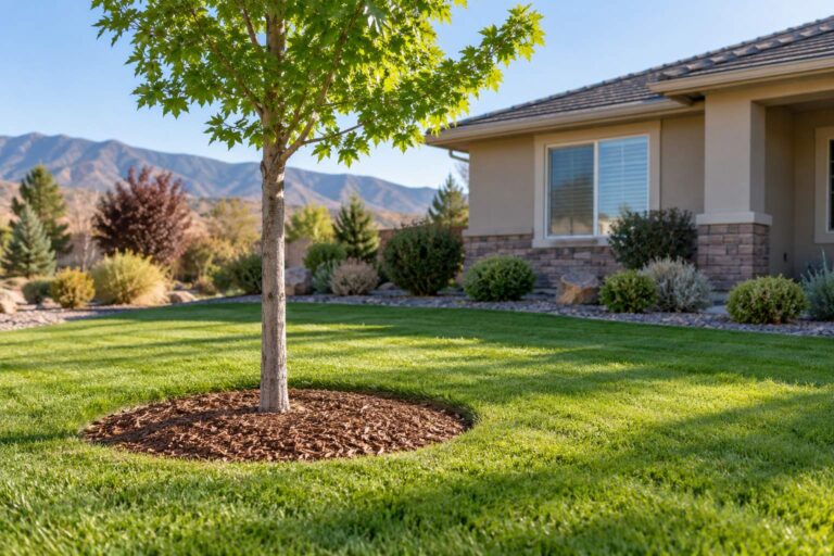 Tree trunk damage repair: young tree with a wood chip mulch ring in a Reno front lawn